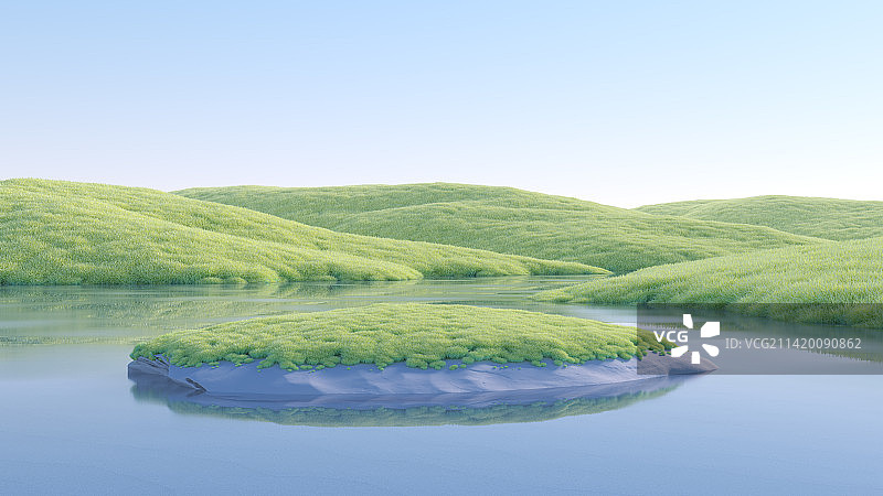 三维渲染的抽象草原湖泊地形图片素材