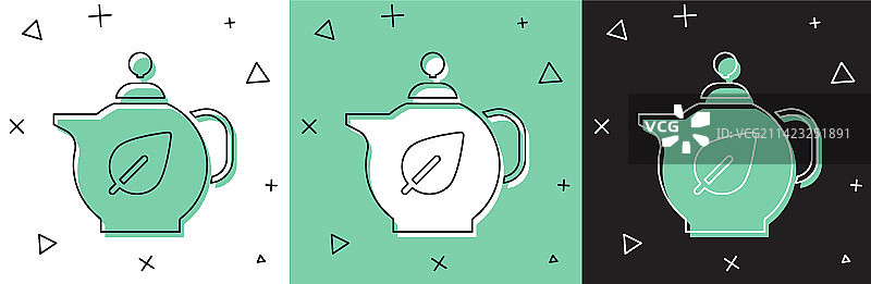 设置茶壶与叶子图标孤立在白色和图片素材