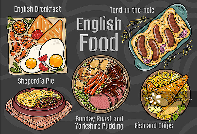 英国美食一套经典的卡通手菜图片素材