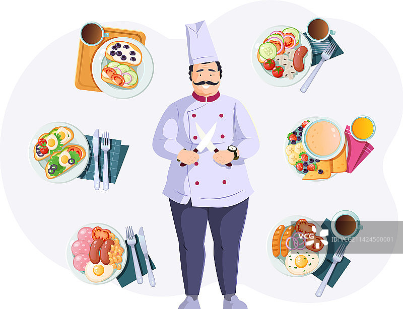 开朗的男性厨师角色烹饪美味的饭菜图片素材