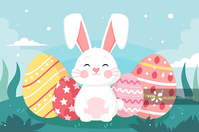 复活节彩蛋春天兔子在森林草地快乐玩耍插画图片素材