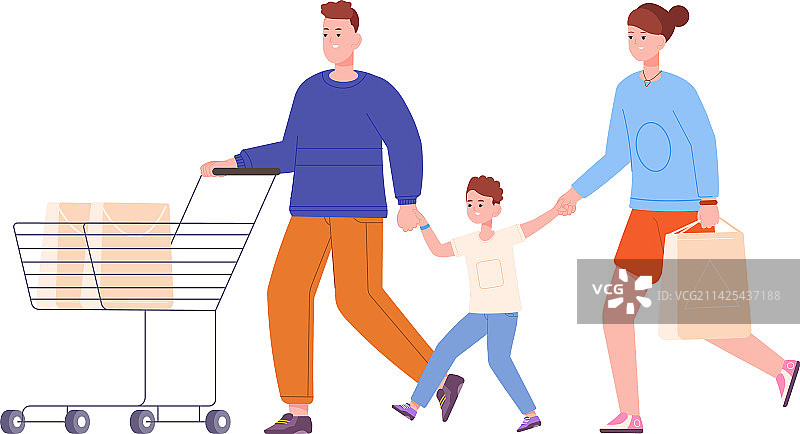 家庭购物的男人推着手推车和纸袋图片素材