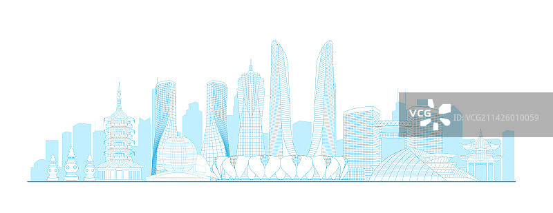 杭州城市地标建筑蓝色线稿矢量插画图片素材