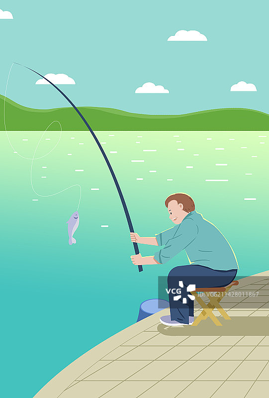 中老年人退休养老户外锻炼休闲娱乐活动钓鱼垂钓生活方式插画图片素材