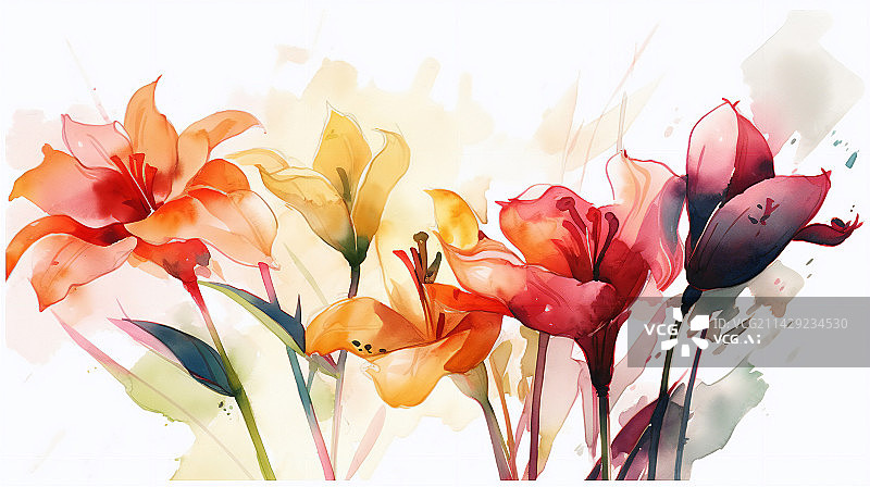 【AI数字艺术】美丽鲜艳的水彩植物清新自然鲜花花卉插画图片素材