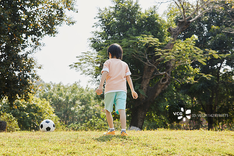 在草坪上踢足球的小男孩图片素材