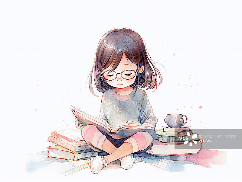 【AI数字艺术】世界读书日一个正在看书的可爱小女孩水彩人物儿童插画图片素材