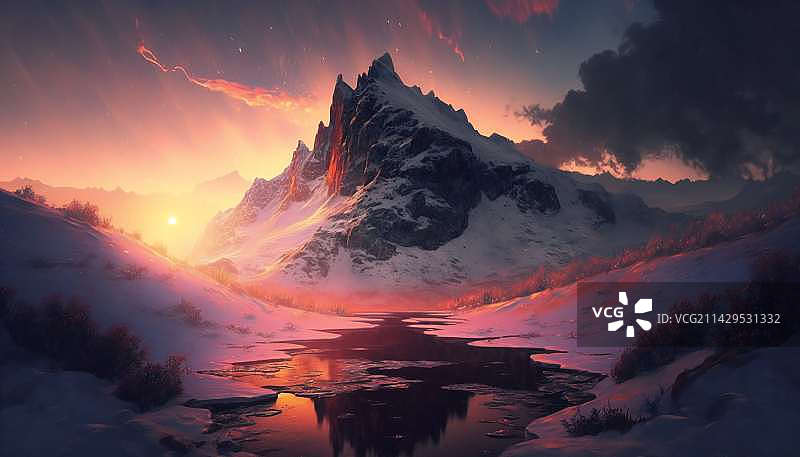 日落时白雪皑皑的群山景色图片素材