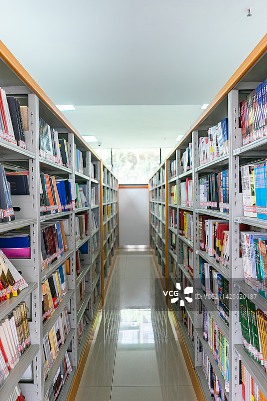 中国图书馆拍摄主题，纵深的图书室，书架上陈列着各种各样的书籍，室内无人图像图片素材