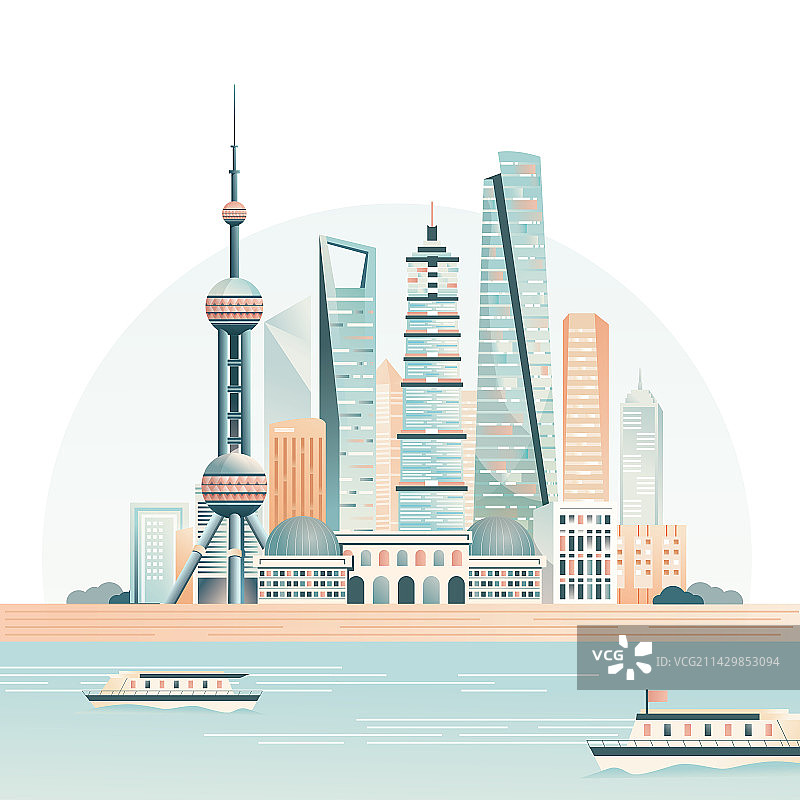 城市-高楼-上海地标建筑-外滩-船-矢量图图片素材
