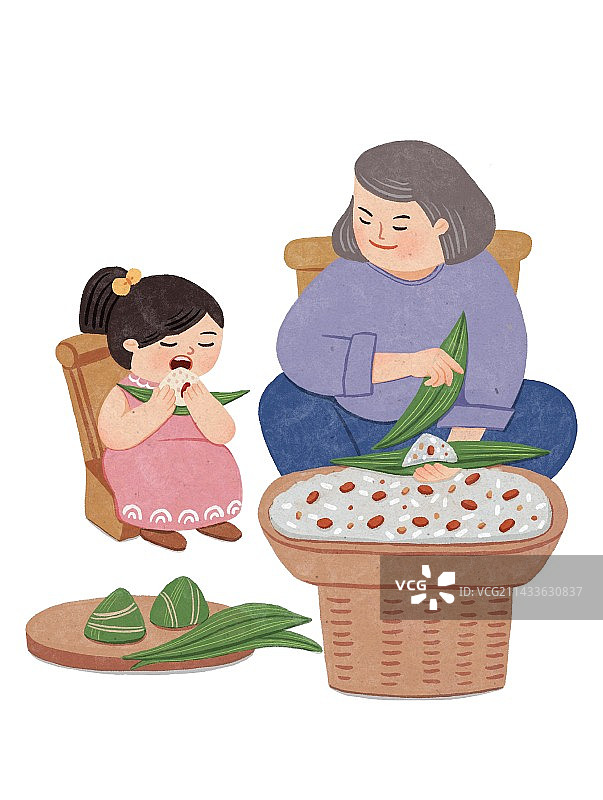 端午节习俗包粽子的奶奶和吃粽子的小孩图片素材