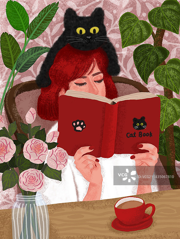 黑猫和女生正在看书周围是咖啡花和绿色植物图片素材