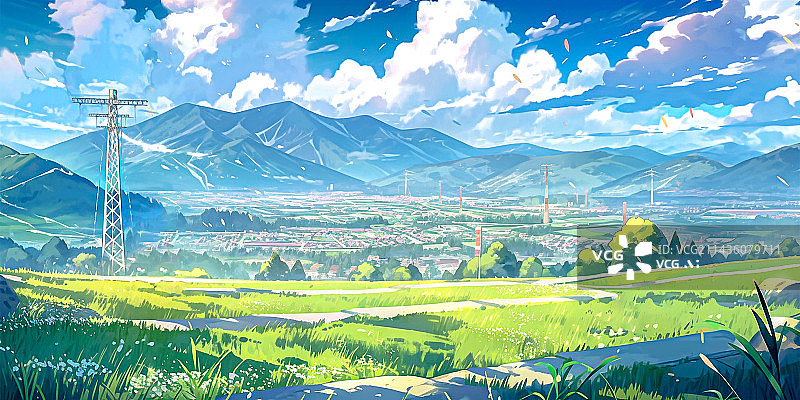 【AI数字艺术】夏日唯美场景插画，卡通二次元动漫风景，郊外的蓝天白云绿树和草地图片素材
