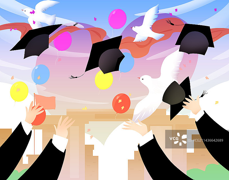 毕业季扔博士帽欢呼的学子们场景插画图片素材
