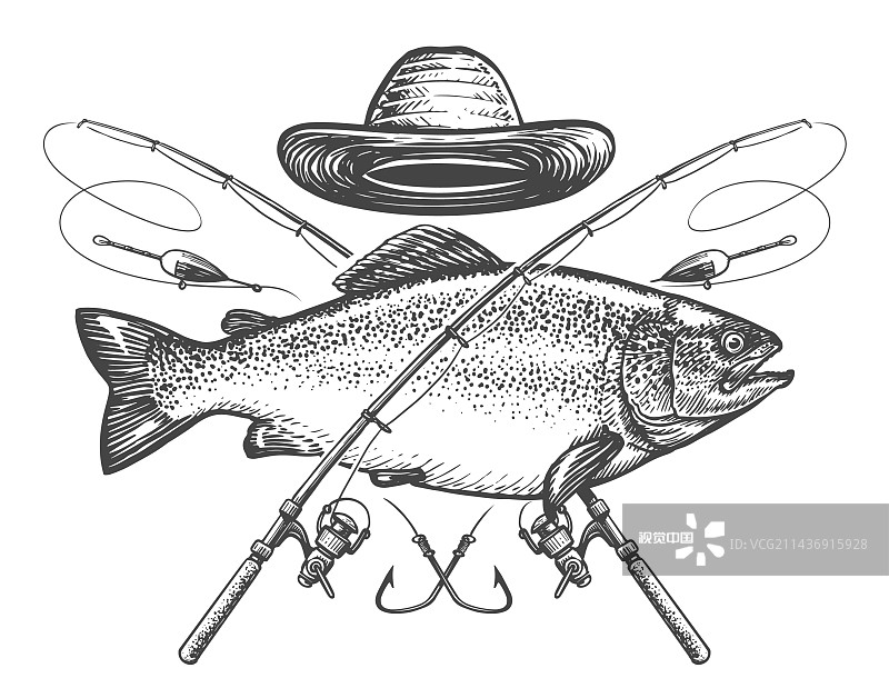 钓鱼的标志是大鱼和交叉的鱼竿图片素材