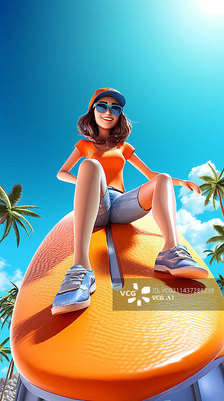 【AI数字艺术】夏日滑板/冲浪女孩-3D角色图片素材