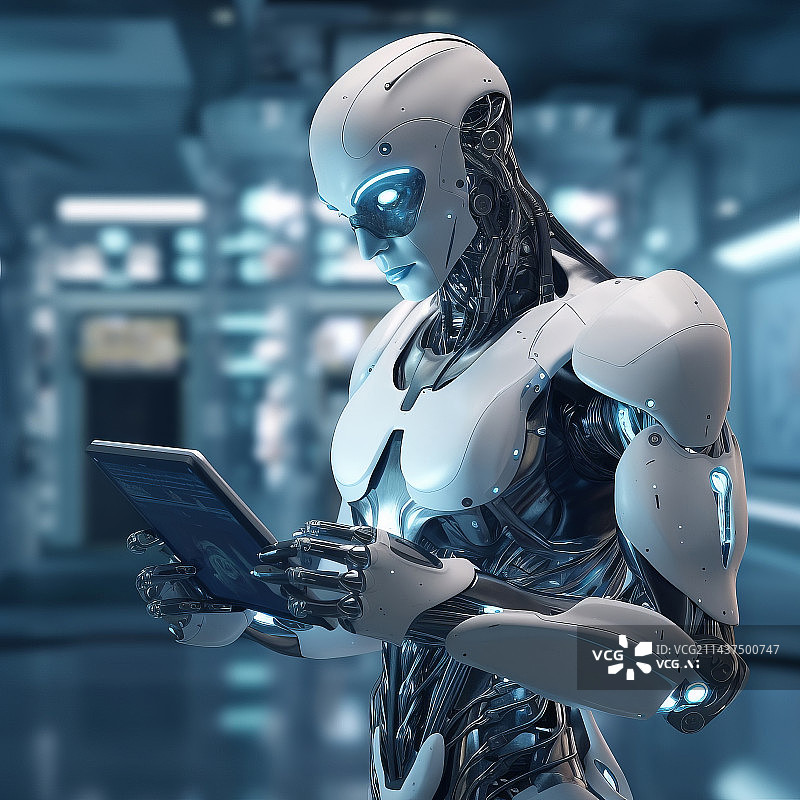 【AI数字艺术】机器人拿着平板电脑图片素材