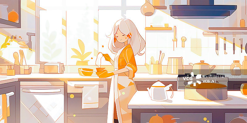 【AI数字艺术】可爱的女孩在厨房做饭，扁平风格卡通插画图片素材