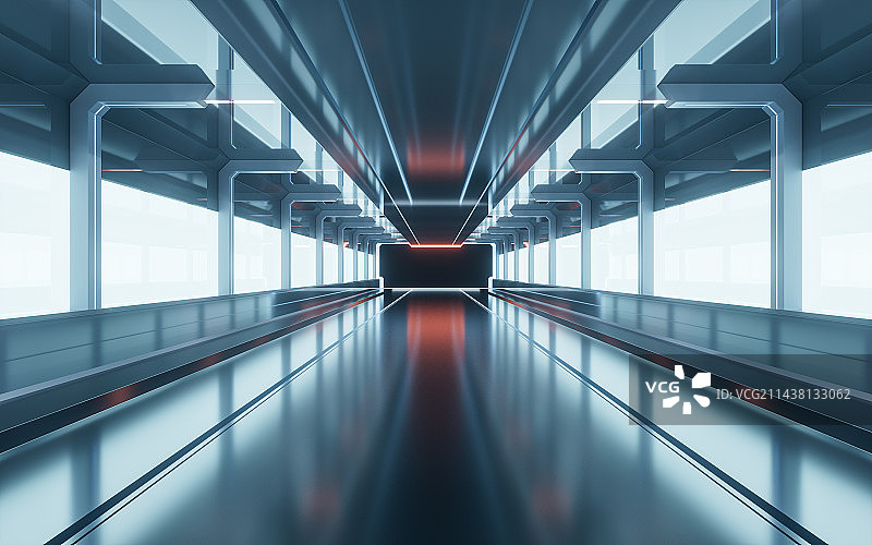 蓝色未来感隧道3D渲染图片素材
