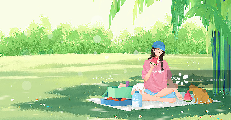 小清新治愈系插画夏天女孩在树下的草地上吃西瓜图片素材