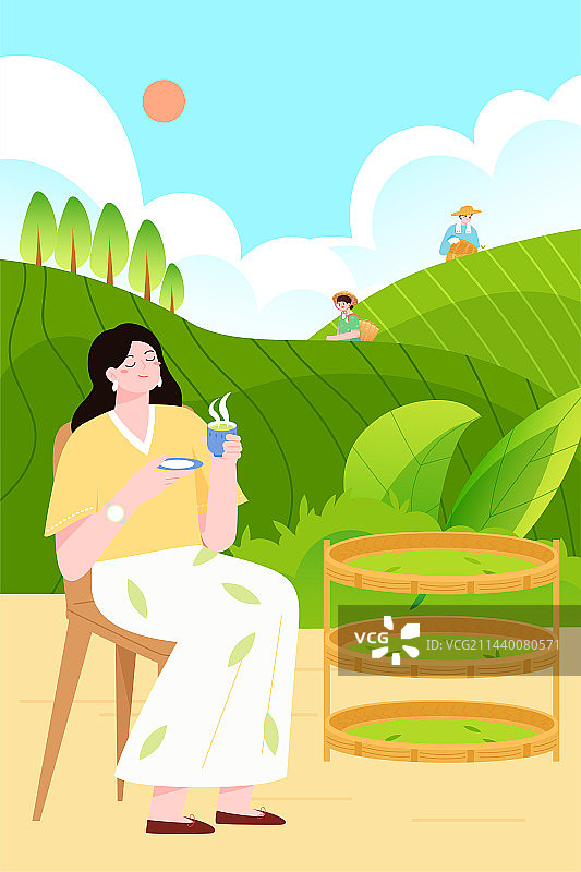 女孩坐在茶山前休闲喝茶矢量插画竖图图片素材