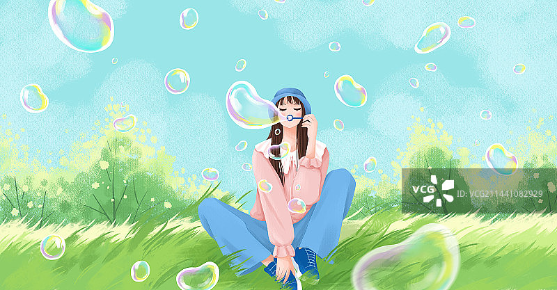 治愈系小清新插画一个女孩坐在绿色的草地上吹泡泡图片素材