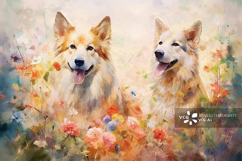 【AI数字艺术】花丛里两只可爱的边境牧羊犬图片素材