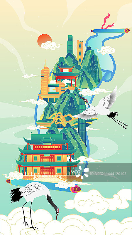 湖南长沙卷轴山水画中国风城市复古地标旅游建筑群图片素材