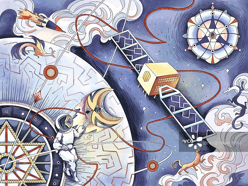 北斗卫星太空手绘风插画图片素材