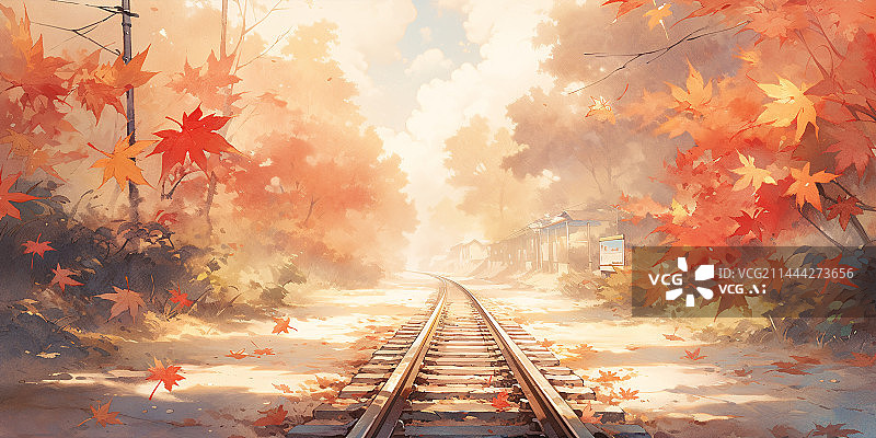 【AI数字艺术】秋天枫叶林火车轨道意境水彩场景插画图片素材