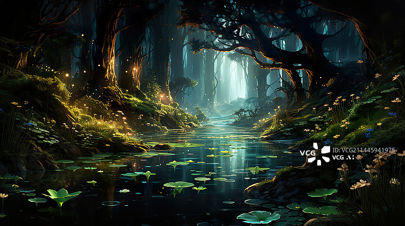 【AI数字艺术】水彩油画风格神秘森林河水插画背景配图图片素材