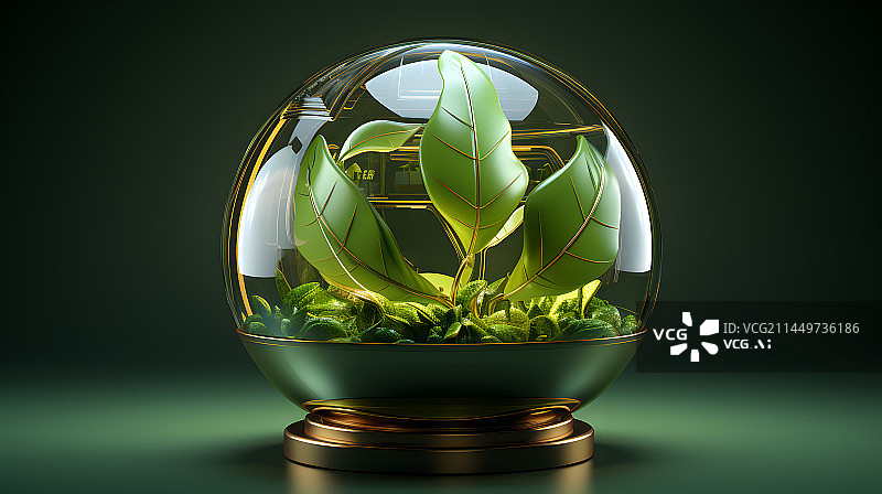 【AI数字艺术】3D绿色植物玻璃科技图图片素材