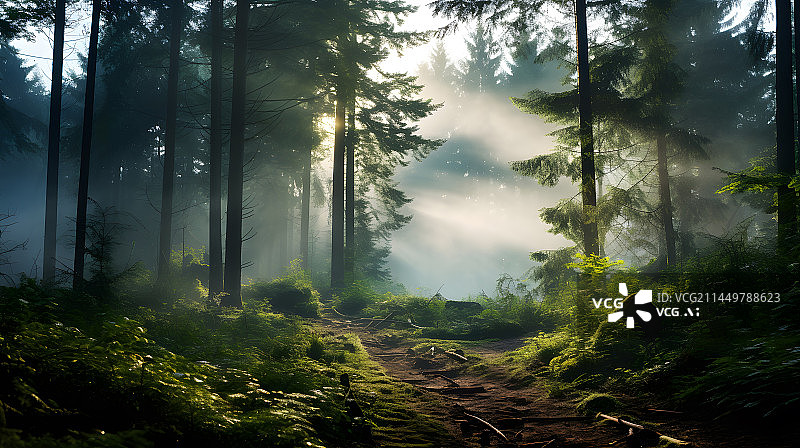 【AI数字艺术】阳光穿过的森林树林图片素材