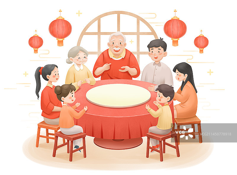一家人一起坐在一张圆桌上聚餐过节图片素材