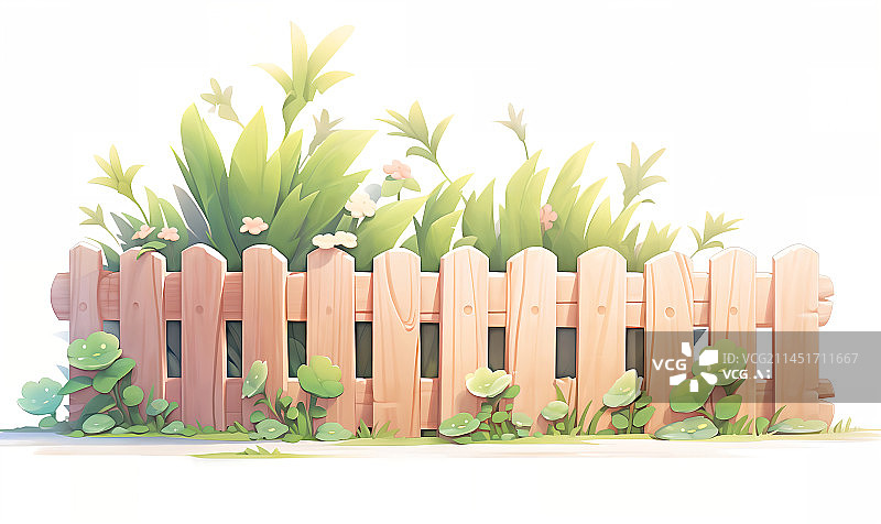 【AI数字艺术】木板篱笆草丛绿色温馨插画图片素材