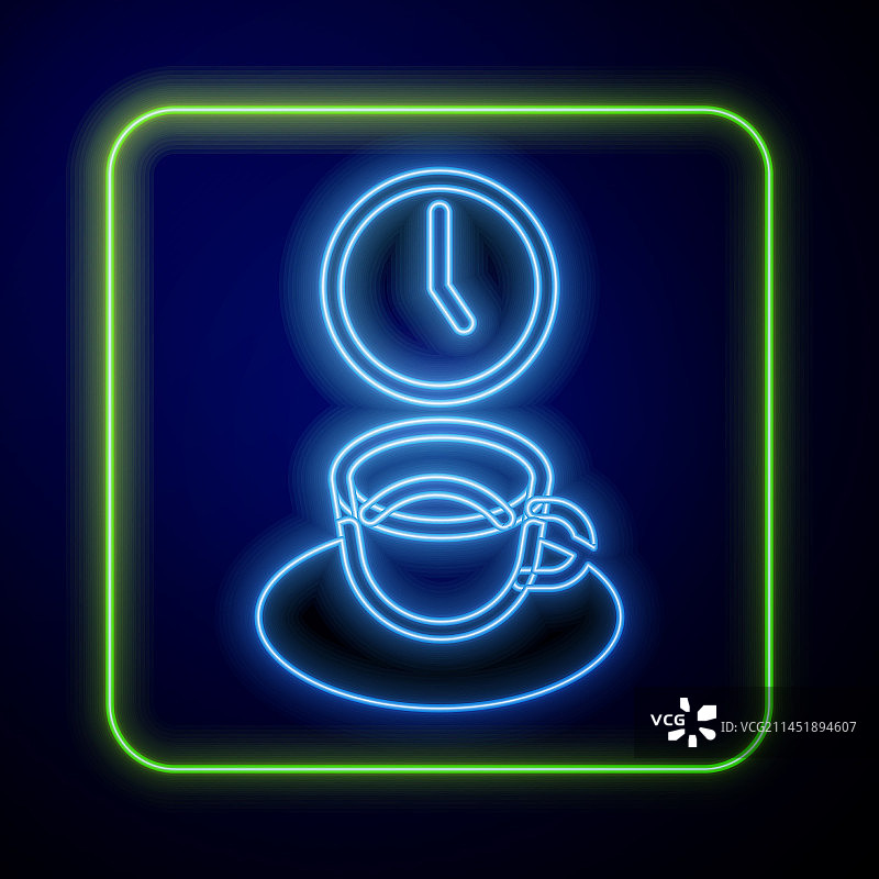 发光的霓虹灯咖啡时间图标隔离在蓝色图片素材