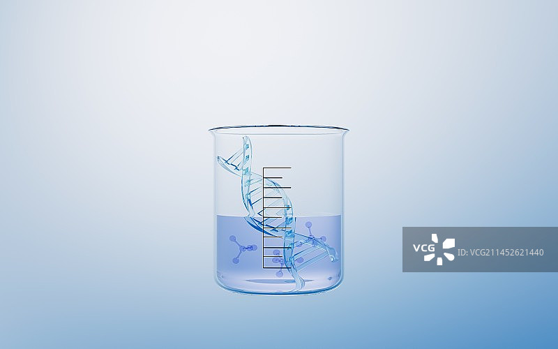 烧杯与DNA分子结构背景3D渲染图片素材