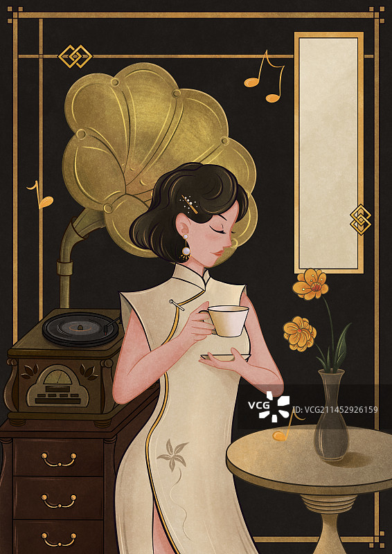 老上海民国风喝咖啡的女人插画图片素材