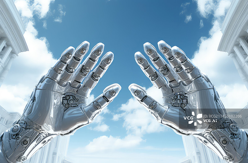 【AI数字艺术】智能机器人的手向天空抚摸图片素材