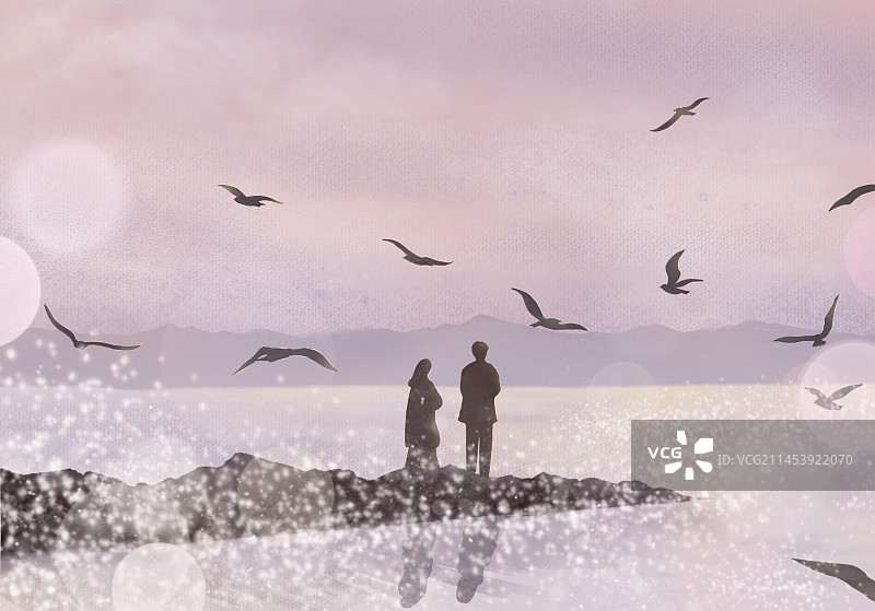 夕阳下海滩边的情侣背影风景插画图片素材