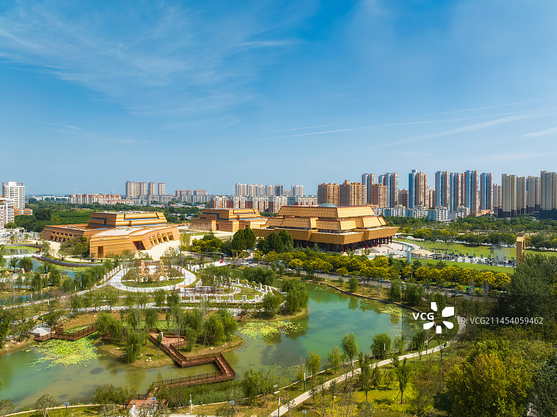 河南省安阳市（中国文字博物馆）城市天际线夏季航拍图片素材