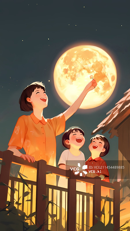 【AI数字艺术】中秋月圆的夜晚女人和孩子们在一起插画图片素材