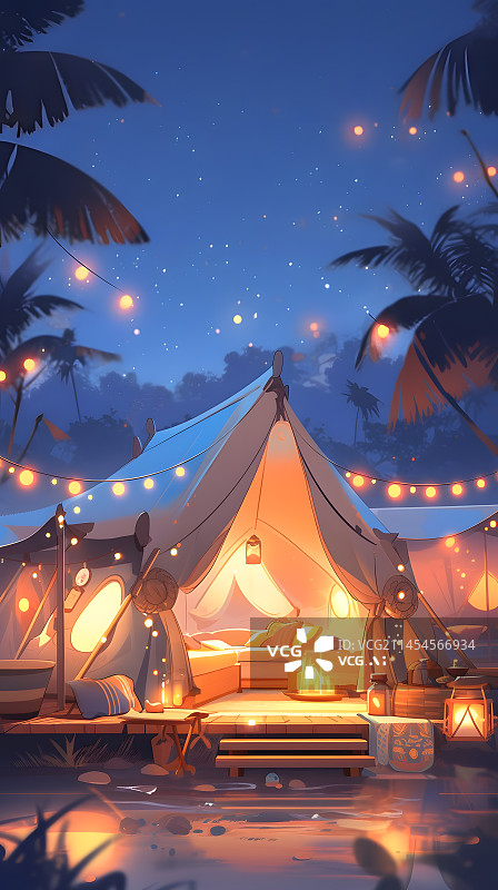 【AI数字艺术】夜晚帐篷露营插画图片素材