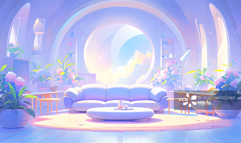【AI数字艺术】粉紫色沙发椅子花朵盆栽圆门窗户客厅插画图片素材
