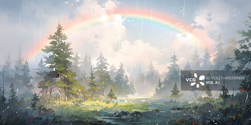 【AI数字艺术】松树森林雨后美丽的彩虹唯美水彩插画图片素材