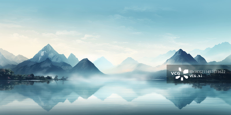 【AI数字艺术】云雾群山山景水面倒影背景图图片素材