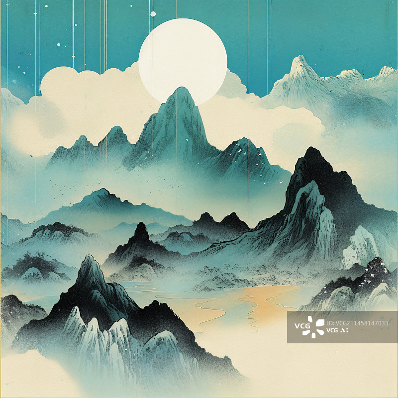 【AI数字艺术】青绿色山月亮云雾新中式中国风插画图片素材