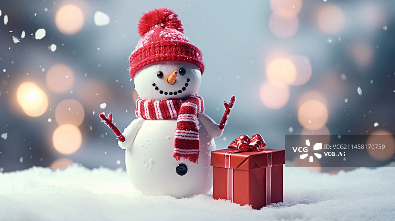 【AI数字艺术】冬至节气，圣诞节雪地雪人礼盒背景插图图片素材