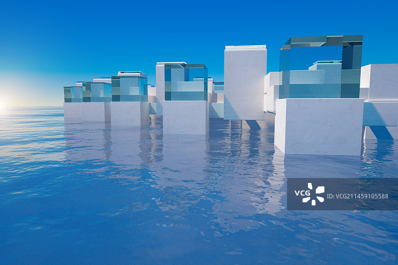 水面方形建筑空间3D渲染图片素材