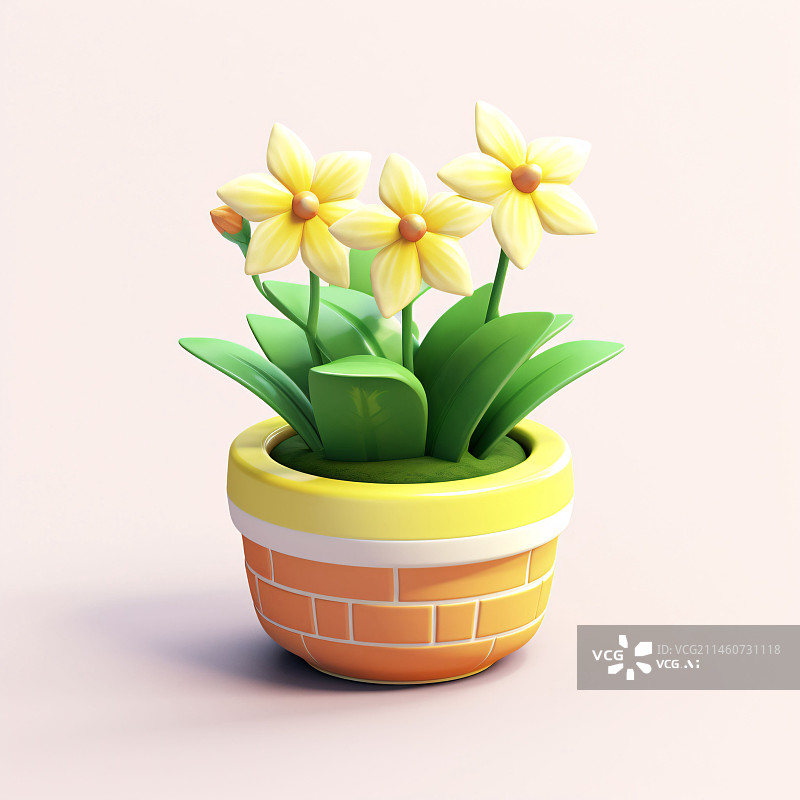 【AI数字艺术】可爱的绿色植物在花盆中开花3D插图，园艺家居概念元素图片素材